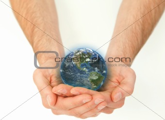 Masculine hands holding a planet globe