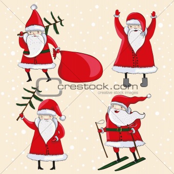 Four happy cartoon Santas