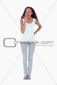 Tired woman on white background
