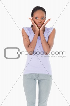 Close up of surprised woman on white background