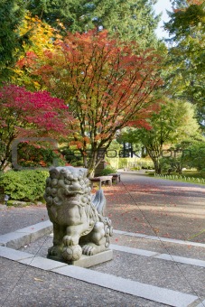 Shishi Lion Protector Stone Statue in Japanese Garden