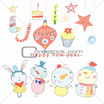 Christmas card with a snowman and toys