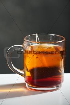 tea bag and a glass cup 