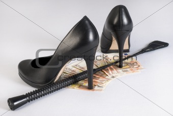 Leather Short Handle Crop, high heels and money.
