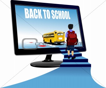 Schoolboy upstairs to school bus. Back to school. Vector illustr