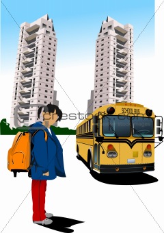 Dormitory and school bus. School girl. Back to school. Vector il