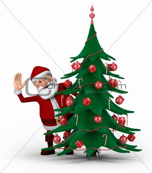Santa behind Christmas Tree