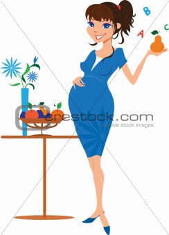 Smiling pregnant woman with pear