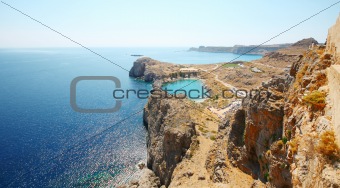 Aerial view on St. Paul's bay in Lindos (Rhodes island) 