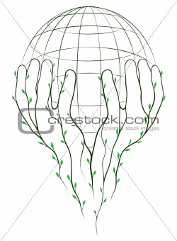 Green hands and globe