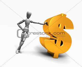 Man Leaning Against Gold $ Dollar Symbol
