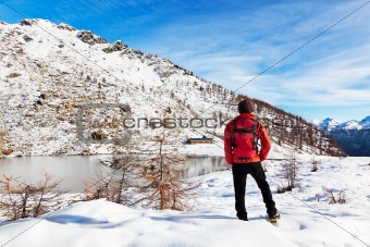 Hiker Winter Mountain Lake