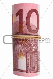 A roll of 10 Euro notes with an elastic band wrapped around.