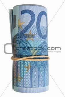 A roll of 20 Euro notes with an elastic band wrapped around.