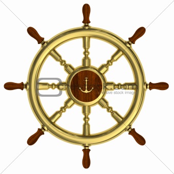 Golden nautical wheel isolated on white