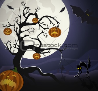 Tree with pumpkin-heads and black cat on the graveyard, under Halloweens moonlight