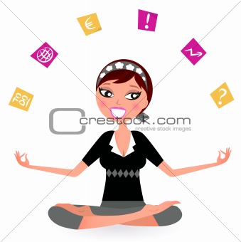 Stressed business Woman juggling with many Notes isolated on whi