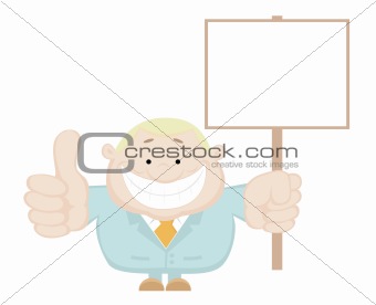 Smiling businessman holding blank sign
