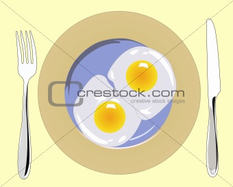 fork with a knife and a plate of scrambled eggs