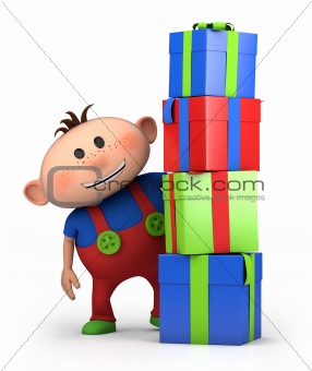 boy behind pile of presents
