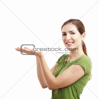 Woman showing her empty hands, isolated on white background