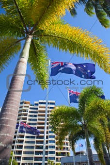 flag in tropical australia with palm trees