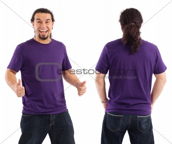 Excited male with blank purple shirt