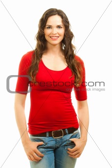 Isolated portrait of beautiful woman in red