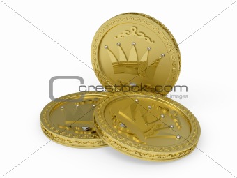 Three golden coins with flowery patterns