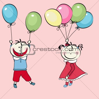 happy little boy and little girl flying with the balloons