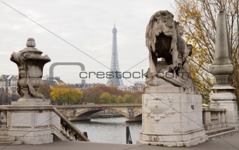 Eiffel Tower Between Statues