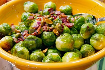Thanksgiving Day Dinner Brussels Sprout with Bacon Bits and Pist