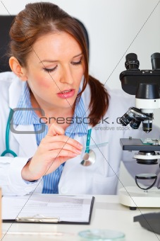 Busy female medical doctor working sample in laboratory
