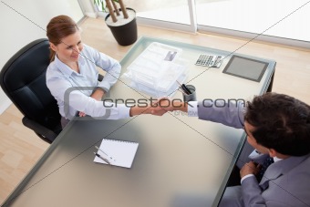 Above view of consultant shaking hands with her client