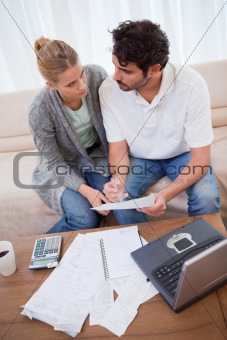 Portrait of a young couple doing their accounting with a notebook