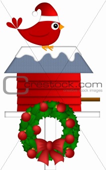 Christmas Red Cardinal Sitting on Birdhouse