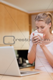 Portrait of a young woman using a laptop while drinking tea