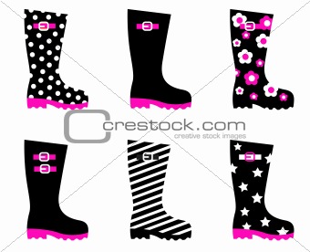 Retro patterned wellington rain boots isolated on white ( black,