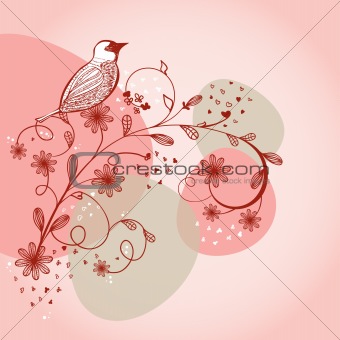 Bird sitting on the flower branch, hand drawn vector illustration