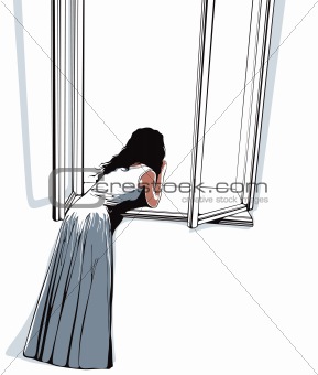 Girl watching through window.