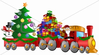 Santa Reindeer Snowman in Train with Gifts and Christmas Tree