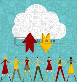 Cloud computing people over social icons set background.