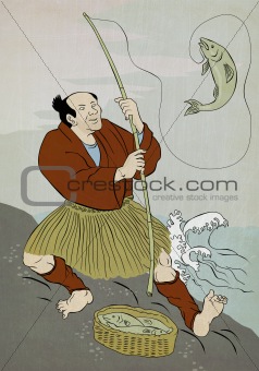 japanese fisherman catching trout fish