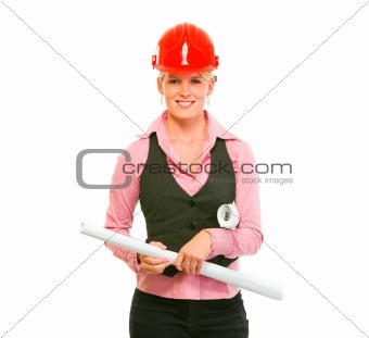 Portrait of modern architect woman with flipcharts in hands
