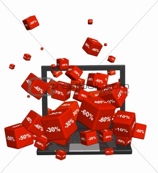 Laptop and red boxes with the goods at a discount