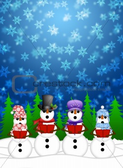 Snowman Carolers Singing with Winter Snowing Scene Illustration