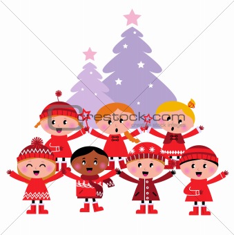 Cute multicultural caroling Children, christmas Tree
