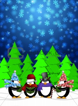 Penguins Carolers Singing with Winter Snowing Scene Illustration