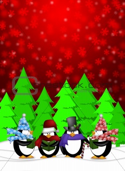 Penguins Carolers Singing with Red Winter Scene Illustration
