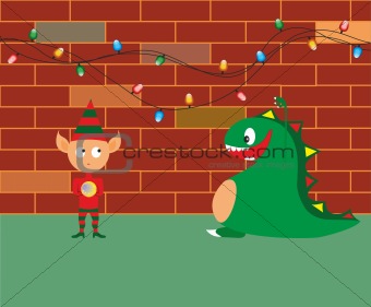 An elf and a baby dragon near christmas lights